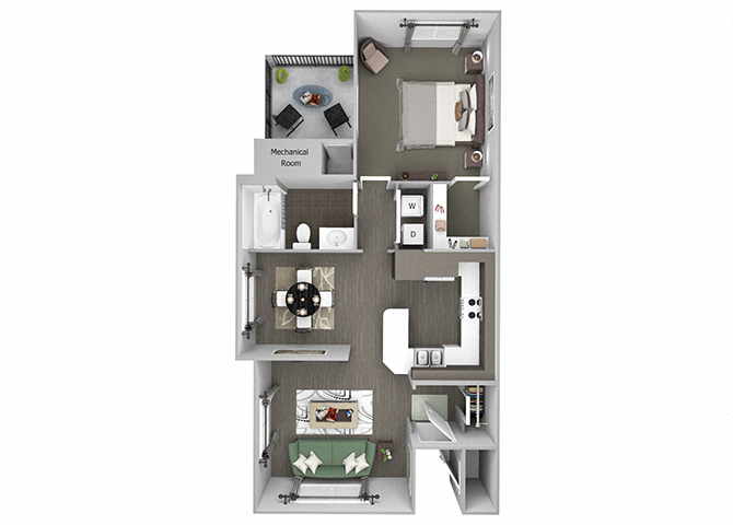 Floor plan for 1 bed, 1 bath, 896 sqft